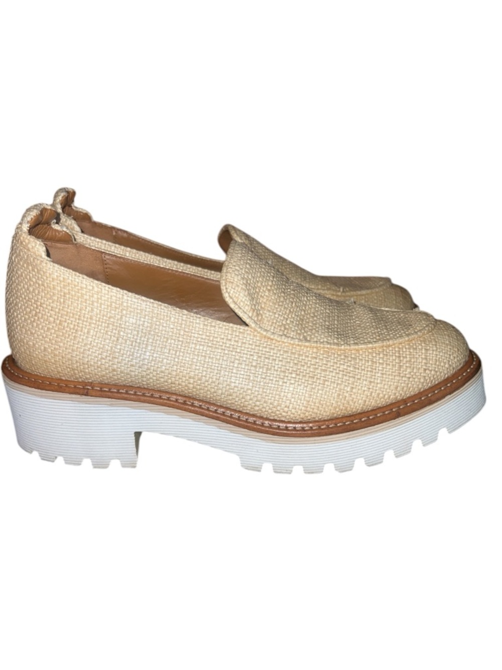 M.Gemi Raffia Lug Sole Loafers Cream Woven Platform Size 36.5